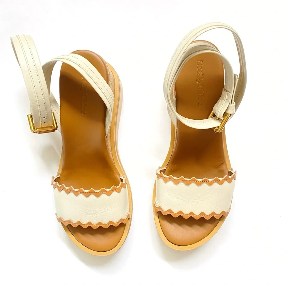SEE BY CHLOE ROBIN BROWN TAN WHITE ANKLE WRAP BICOLOR PLATFORM WEDGE SANDALS - Picture 2 of 14